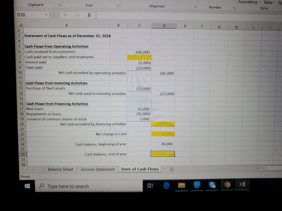 Formatting Table Sty Clipboard Font Alignment Number Styles for D26 A B C D G. F H J 2 Statement of Cash Flows as of December