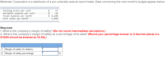 Molander Corporation is a distributor of a sun umbrella used at resort hotels. Data concerning the next months budget appear