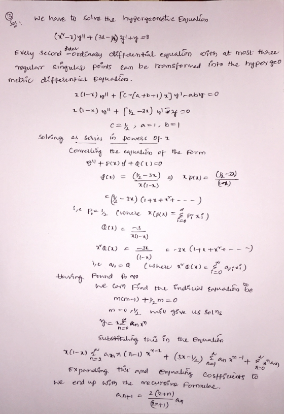 we have to solva the hypergeometuc Eayualien SoL (-)(3-)+ dder E Veay second-ordinasy okfferential eagualin ofth at most thre