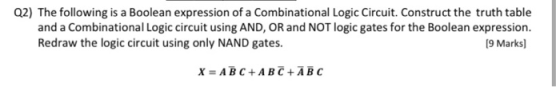Q2) The following is a Boolean expression of a Combinational Logic Circuit. Construct the truth table and a Combinational Log