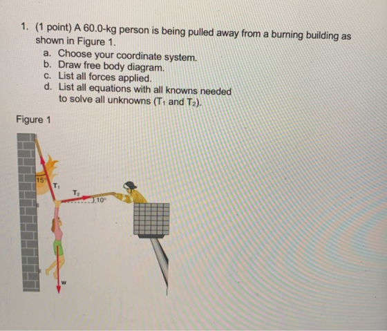 1. (1 point) A 60.0-kg person is being pulled away from a burning building as shown in Figure 1. a. Choose your coordinate sy