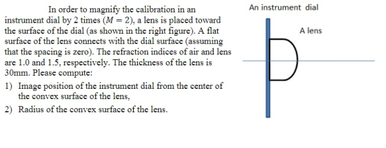 In order to magnify the calibration in an An instrument dial instrument dial by 2 times (M 2), a lens is placed toward the surface of the dial (as shown in the right figure). A flat surface of the lens connects with the dial surface (assuming that the spacing is zero). The refraction indices of air and lens are 1.0 and 1.5, respectively. The thickness of the lens is 30mm. Please compute: 1) Image position of the instrument dial from the center of A lens the convex surface of the lens 2) Radius of the convex surface of the lens