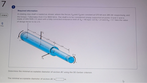 7 30.10 Required information A rotating step shaft is loaded as shown, where the forces FA and Fg are constant ot 570 lbf and