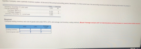 Hamilton Company uses a periodic Inventory system. At the end of the annual accounting period, December 31 of the current yea