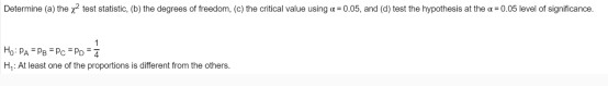 Determine (a) the 2 test statistic, (b) the degrees of treedom, (c) the critical value using 0.05, and (d) test the hypothesi