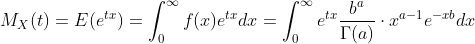 M_{X}(t)=E(e^{tx})=\int_{0}^{\infty}f(x)e^{tx}dx=\int_{0}^{\infty} e^{tx}\frac{b^{a}}{\Gamma (a)}\cdot x^{a-1}e^{-xb}dx