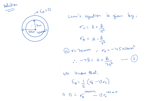solution > Loco IN/Voh Lames equation is given by, or= A + B Go=A-B @r=70mm, 68 ==45 N/mm² in-452 At Bie - we know that, fo=