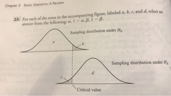 Chapter 3 Basic Statistics: A Review For each of the areas in the accompanying figure, labeled a, b, c, and d, sel answer from the following: ?, l-?, ?, 1-8. 23 ec t an Sampling distribution under Ho Sampling distribution under H Critical value
