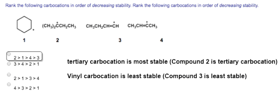 Rank the following carbocations in order of decreasing stability. Rank the following carbocations in order of decreasing stab