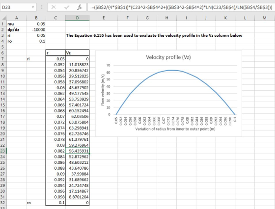 D23 X V C fx D =($B$2/(4*$B$1))*(C23^2-$B$4^2+(($B$3^2-$B$4^2)*LN(C23/$B$4)/LN($B$4/$B$3))) E E F G H I J K L M A 1 mu 2 dp/d