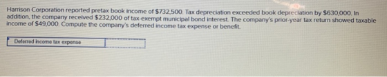 Harrison Corporation reported pretax book income of $732,500. Tax depreciation exceeded book depreciation by $630,000. In add