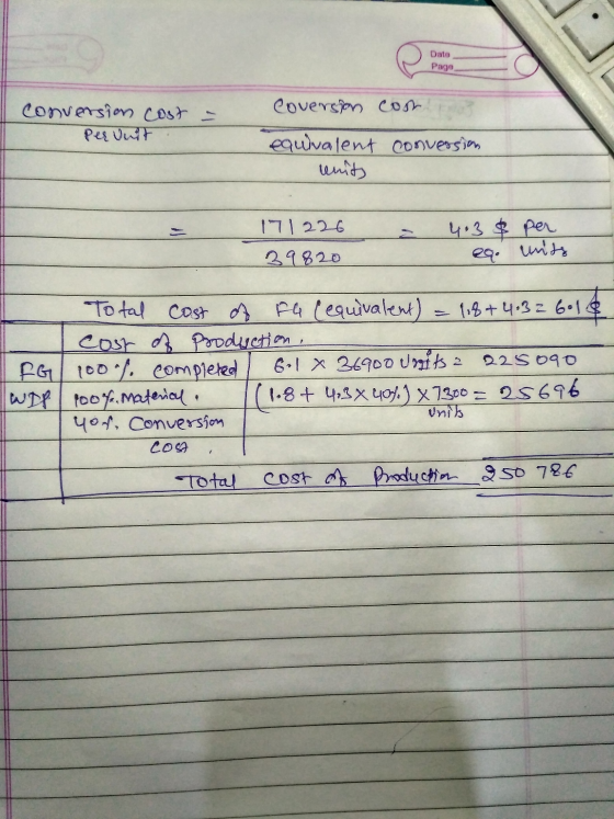 Date Page conversion cost - Per Unit Coversion cost og equivalent conversion renity 4.3 & per 171226 39820 eq. units To tal c