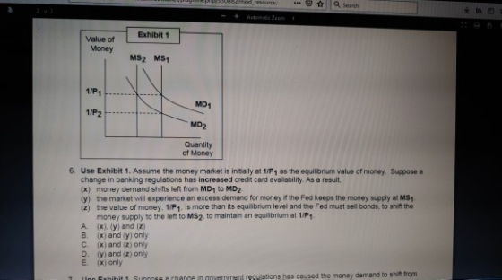 od resource Search Exhibit 1 Value of Money MS2 MS1 11P1 MD1 MD2 Quantity of Money 6 Use Exhibit 1. Assume the money market i
