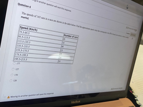 to another question will save this response. Question 6 The speeds of 165 cars in a race are shown in the table below. Find t