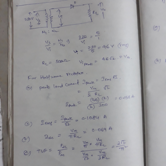 th UO 1 280 V 4 9) N: No 5 230 9 V 915 N2 230 =464 (rme) 4652.2 Vm. R = soon Vio peale for Half -Wove rectifier. Current Spea