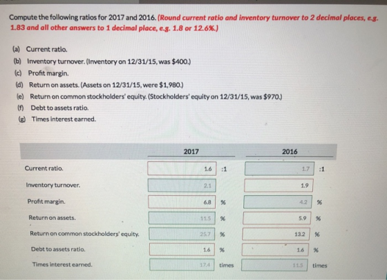Compute the following ratios for 2017 and 2016. (Round current ratio and inventory turnover to 2 decimal places, e.g. 1.83 an