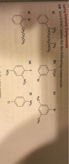 Naming Aromatic Compounds Give IUPAC names for the following compounds: CH3 (b) CO2H Br CH3 CHCH2CH2CHCH3 Br HaC CH3 (f) NH2 (d) Br (e) F NO2 Ci NO2