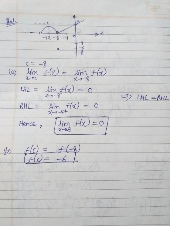 at -12-8-4 4 -6 -8 CE-8 lim f(x) = lim fW d-8 L4L = lim fx) uc » LHL =RUL RHL= lim f(x) a 8t lim fW=0 x=8 Hence, (b) f(c) = f