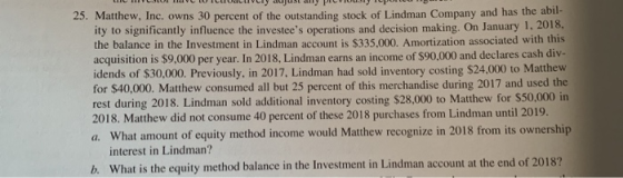 out u us all ----- 25. Matthew, Inc, owns 30 percent of the outstanding stock of Lindman Company and has the abil ity to sign