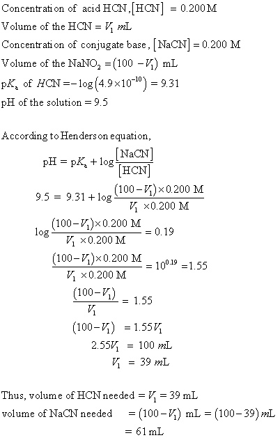 Concentration of acid HCN,[HCN] = 0.200 M Volume of the HCN = V1 mL Concentration of conjugate base, (NaCN] = 0.200 M Volume