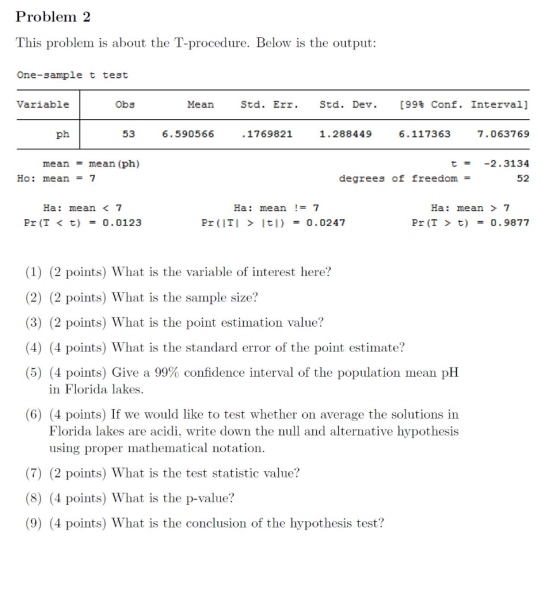 Problem 2 This problem is about the T-procedure. Below is the output: One-sample t test Variable Obs Mean Std. Err. Std. Dev.