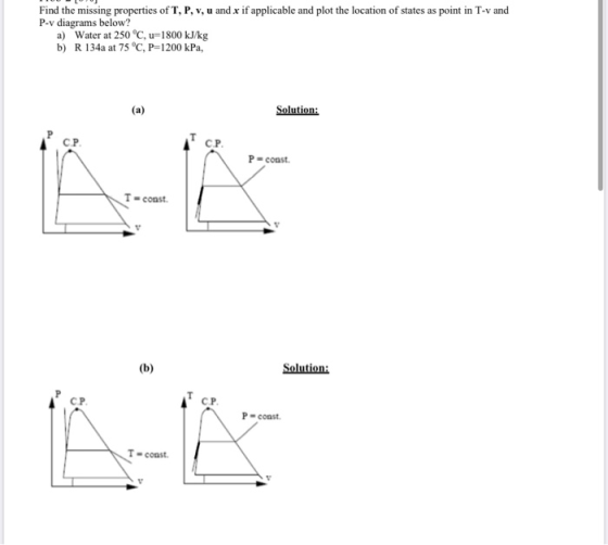 Find the missing properties of T, P, v, u and x if applicable and plot the location of states as point in T-v and P-v diagram