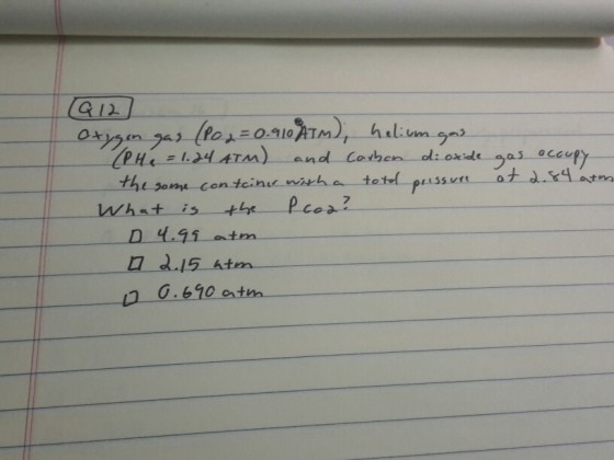 Oxygen gas (po_2=0.910ATM), helium gas (PH=1.24ATM