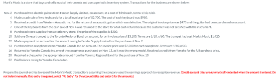 Marks Music is a store that buys and sells musical instruments and uses a periodic inventory system. Transactions for the bu