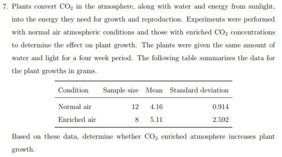 7. Plants convert CO2 in the atmosphere, along with water and energy from sunlight into the energy they need for growth and reproduction. Experiments were performed with normal air atmospheric conditions and those with enriched CO2 concentrations water and light for a four week period. The following table summarizes the data for the plant growths in grams. Condition Sample size Mean Standard deviation 0.914 2.592 Normal air 12 4.16 Enriched air 8 5.11 Based on these data, determine whether CO2 enriched atmosphere increases plant growth