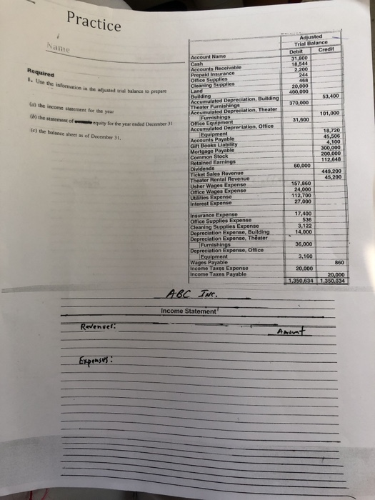 Practice Name cash 16,544 Required Use the domation in a sid trial balance to prepar 400,000 53,400 370,000 the income aument