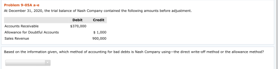 Problem 9-05A a-e At December 31, 2020, the trial balance of Nash Company contained the following amounts before adjustment.