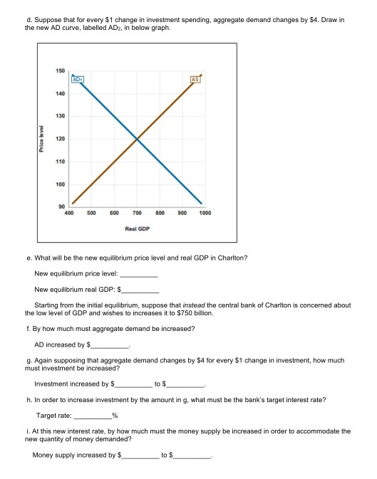 d. Suppose that for every $1 change in investment spending, aggregate demand changes by S4. Draw in the new AD curve, labelle
