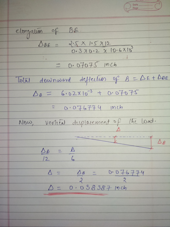 Date Page BE. elongation of DBE 2.5 X 1.5812 0.380.2 X 10.6X18 0.07075 inch Total downward deflection of B = DETABE A B = 6:0