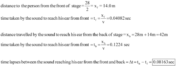 28 distance to the person from the front of stage14.0m time taken by the sound to reach his ear from front-t,-- 0.04082 sec distance travelled by the sound to reach his ear from the back of stage x, 28m +14m-42m time taken by the sound to reach his ear from front-t,-_-0. I 224 sec time lapses between the sound reaching his ear from the front and back A-tb-tf-0.08 I 63 sec