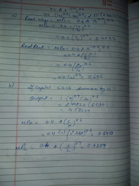 Y = A x 0.4 0.6 - Y= (looy ( 2006 = 2.511(6.034) = Real Wage - MPLE 0.6 Ak coit MPL = 0.6 i/logo.4 15. sob ( ₂04 = 0.4547 Rea