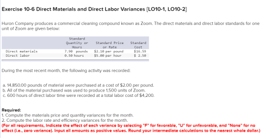 Exercise 10-6 Direct Materials and Direct Labor Variances (LO10-1, LO10-2] Huron Company produces a commercial cleaning compo