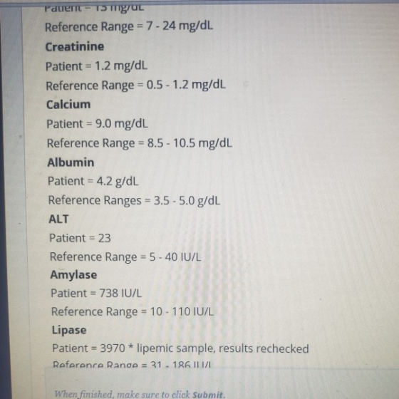 Patent - The Reference Range = 7 - 24 mg/dL Creatinine Patient = 1.2 mg/dL Reference Range = 0.5 - 1.2 mg/dL Calcium Patient