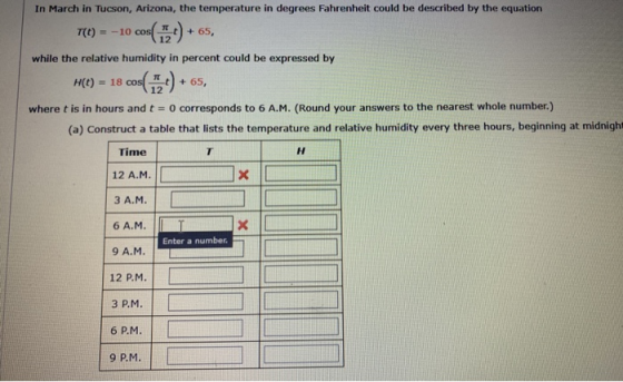 In March in Tucson, Arizona, the temperature in degrees Fahrenheit could be described by the equation T(I) = -10 cos(4) + 65,