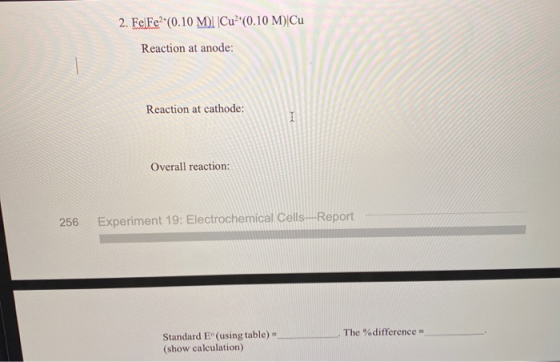 2. FelFe (0.10 M)Cu*(0.10 M) Cu Reaction at anode: Reaction at cathode: I Overall reaction: 256 Experiment 19: Electrochemica