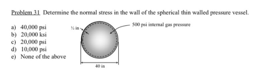 Problem 31 Determine the normal stress in the wall of the spherical thin walled pressure vessel. a) 40,000 psi 500 psi intern