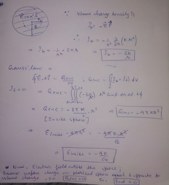 Valume charge densihy LInside sphere inside Now, Eledメイctield utsido the sphere Bcause surjae change on rlasrizad sphere eaual appos ite to