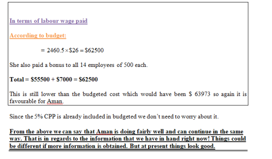 In terms of labour wage paid According to budget: = 2460.5 $26 = $62500 She also paid a bonus to all 14 employees of 500 each