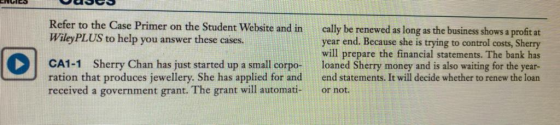 Refer to the Case Primer on the Student Website and in WileyPLUS to help you answer these cases. CA1-1 Sherry Chan has just s