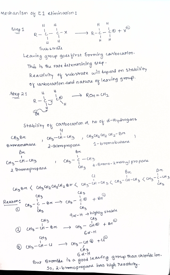 mechanism of El elimination: H H H H Step 1 - ċ-x C + xo R-c- H H H 4 substrate Leaving group goes first forming carbocation.