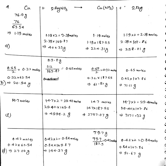 1+ 2AgNO₃ → Cu(NO3)| + 279 4. Cu 76.09 76 63.54 → 19 moles 1.19x2= 2.39moles 2.39*169.87 1. 19 moles 1.19x187.55 > 224.318 1