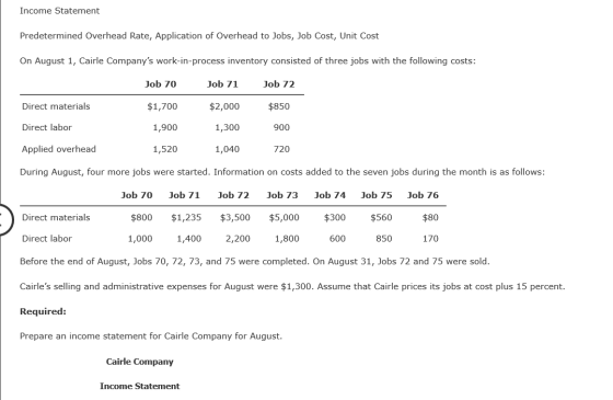 Income Statement Predetermined Overhead Rate, Application of Overhead to Jobs, Job Cost, Unit Cost On August 1, Cairle Compan