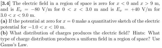 3.4 The electric field in a region of space is zero for x < 0 and x 〉 9 m, and is Ezー-80 V/m for 0 〈 x 〈 3.0 m and is Ez +40 V/m for 3.0 〈 x 〈 9.0 m. (a) If the potential at zero for x 0 make a quantitative sketch of the electric potential for-1.0 〈 x 〈 10 m. (b) What distribution of charges produces the electric field? Hints: What type of charge distribution produces a uniform field in a region of space? Use Gausss Law.