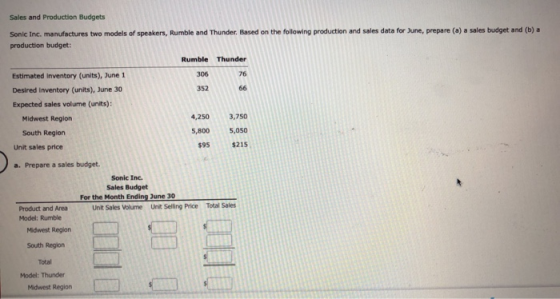 Sales and Production Budgets Sonic Inc. manufactures two models of speakers, Rumble and Thunder. Based on the following produ