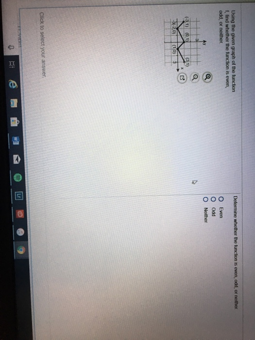 Using the given graph of the function t, find whether the function is even, odd, or neither O Even O Odd O Neither 2 1) Click to select your answer 0