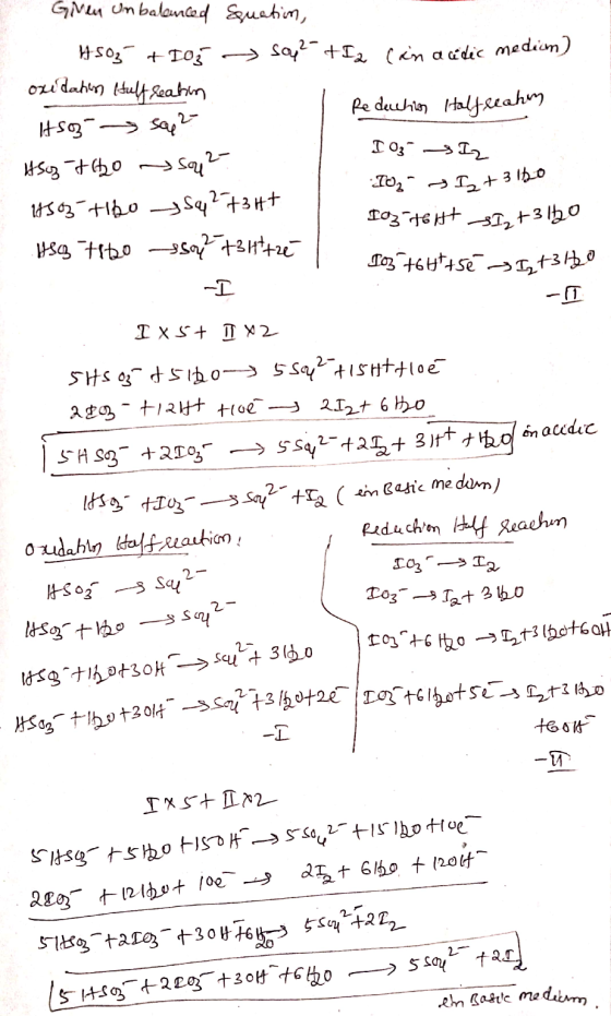 I + 360 -12 +3120 Gren Unbalanced quation, 4.503 + 103 sop2- +I2 can acidic median) oxidation Hulf reation Reduction Halfeeah